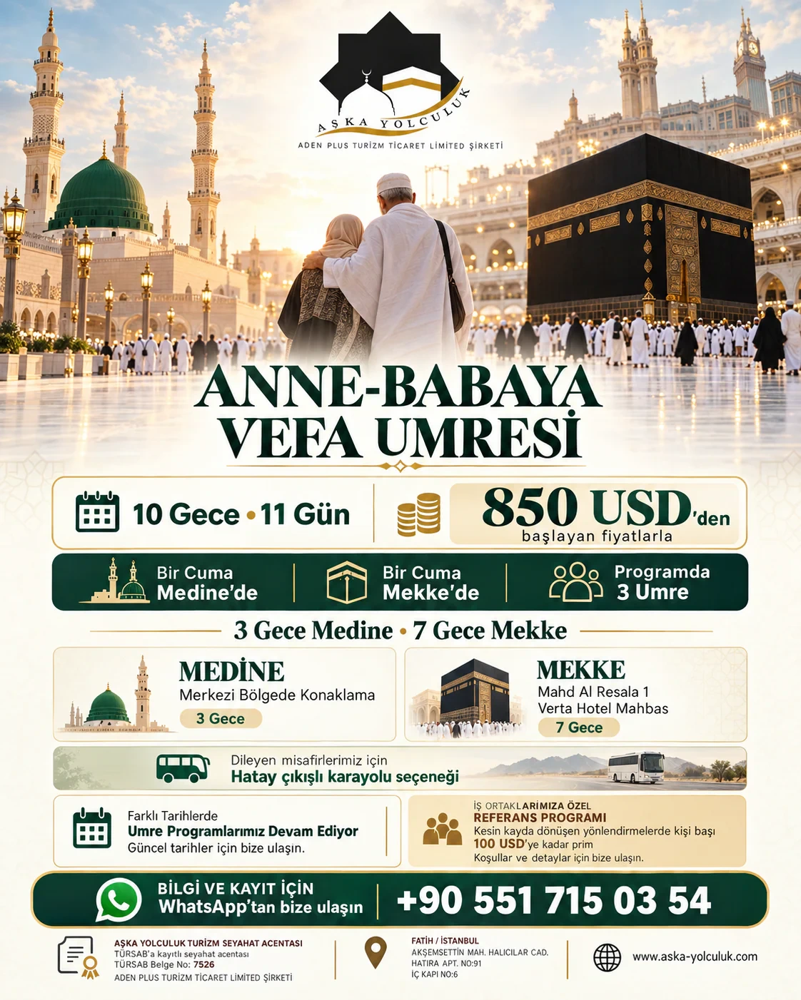 Anne-Babaya Vefa Umresi tanıtım görseli: 11 gün 10 gece, 3 gece Medine ve 7 gece Mekke