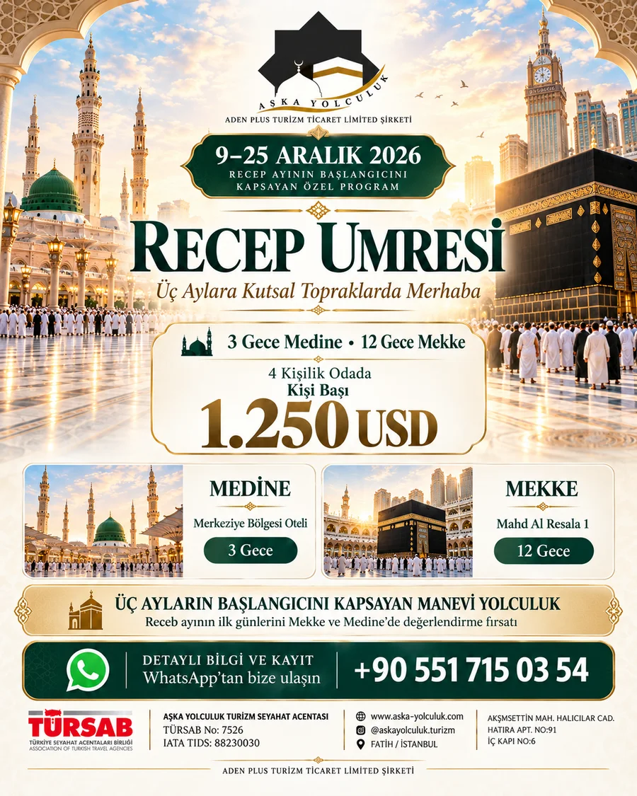 Recep Umresi tanıtım görseli: 9-25 Aralık 2026, 3 gece Medine 12 gece Mekke, kişi başı 1.250 USD