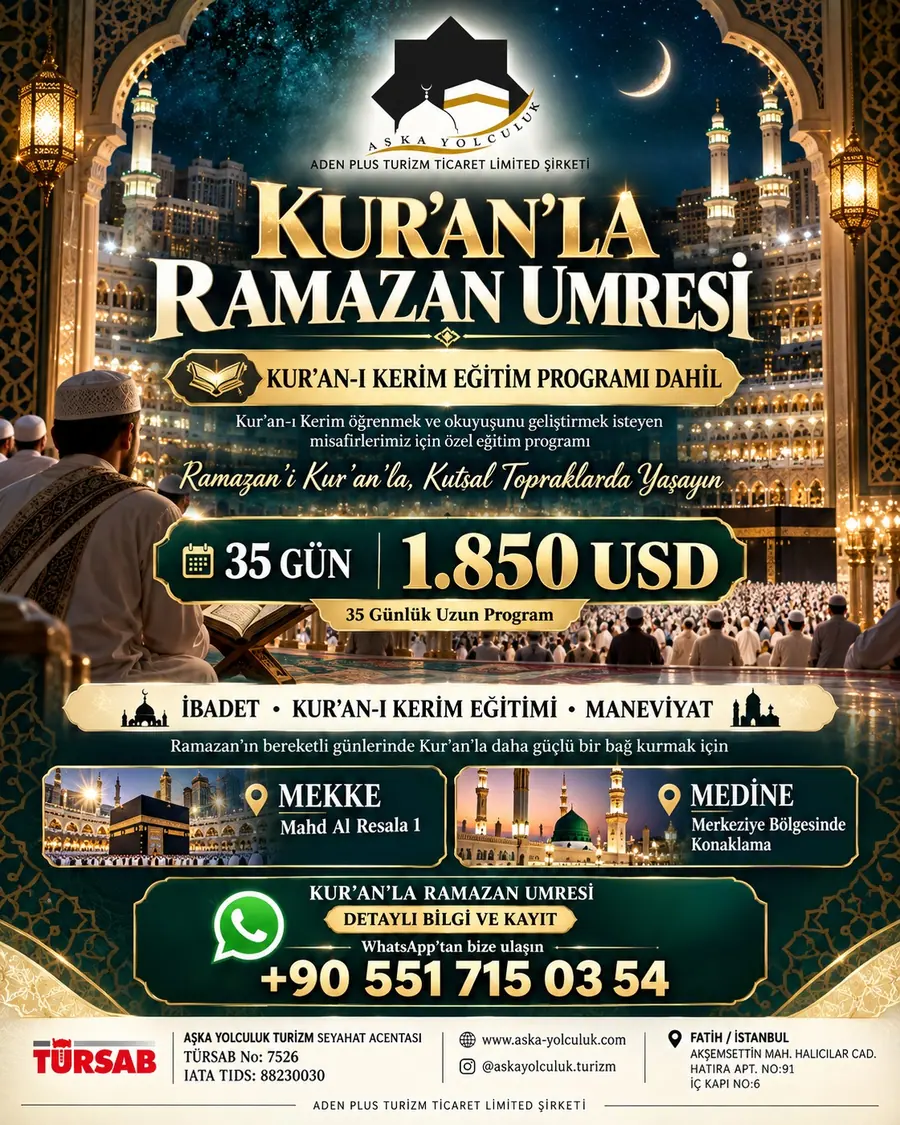 Ramazan Umresi · Kur’an-ı Kerim Umresi tanıtım görseli: yaklaşık 35 gün, 1.850 USD, Kur’an-ı Kerim eğitimi dahil